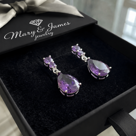 Amethyst Dewdrop Earrings | White Gold