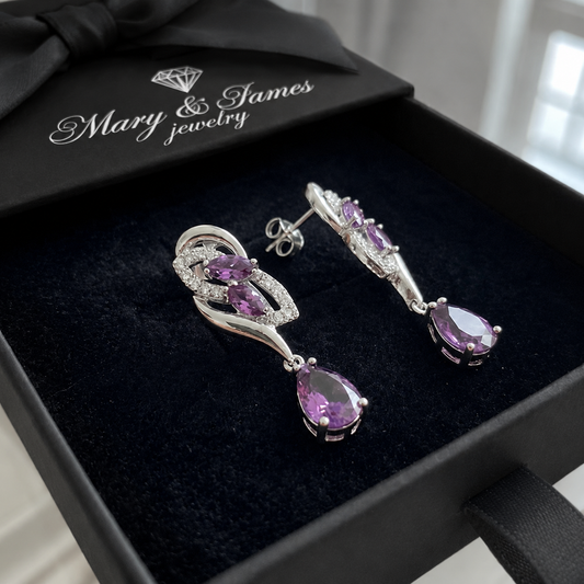 Amethyst Glimmer Drop Earrings | White Gold