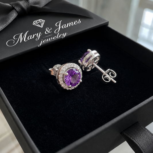 Amethyst Round Pave Studs | White Gold