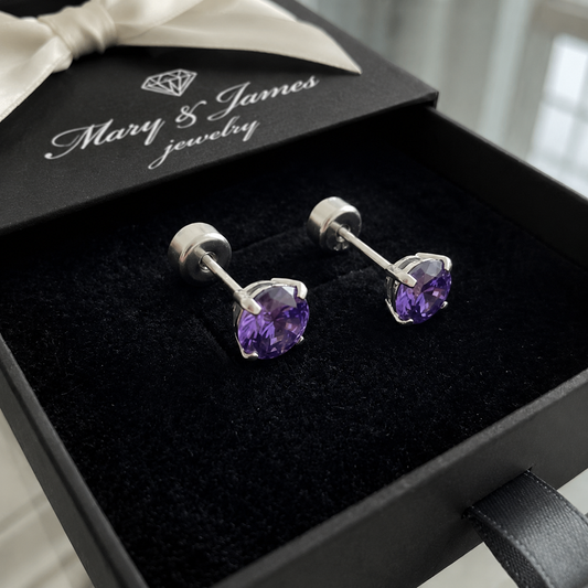 Amethyst Round Studs | White Gold