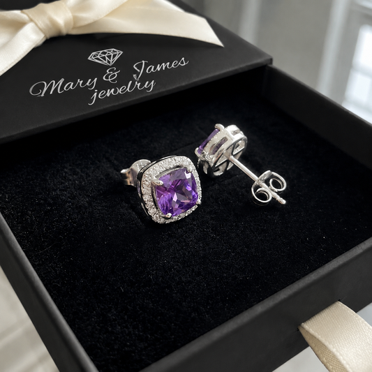 Amethyst Square Pave Studs | White Gold