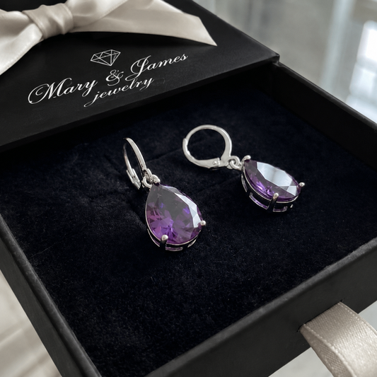 Amethyst Teardrop Earrings | White Gold