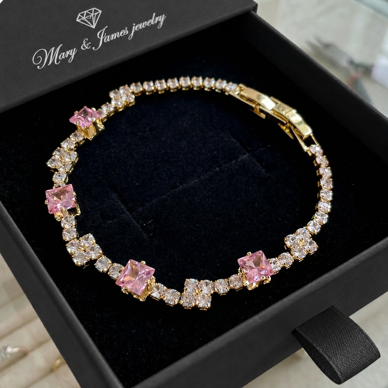 Blush Squares Tennis Bracelet | Gold