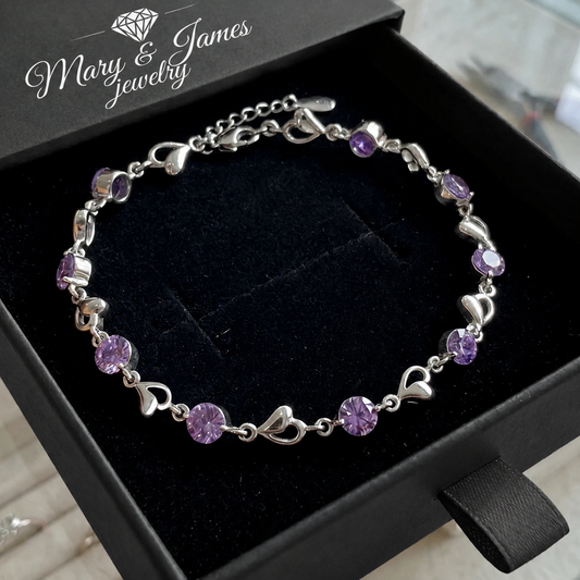 Heart Charm Amethyst Bracelet | White Gold