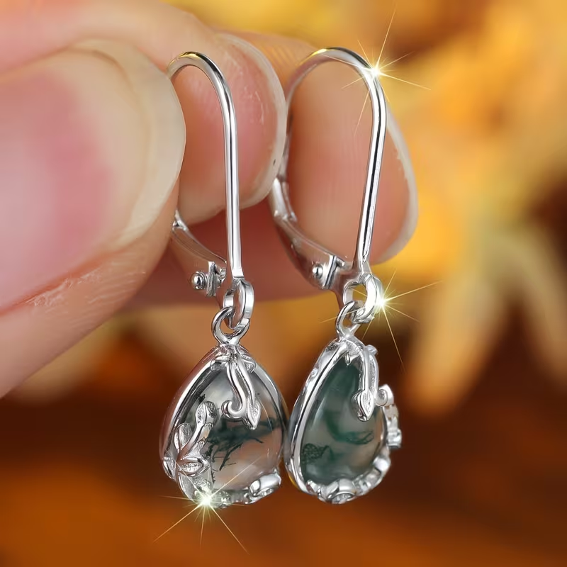 Moss Agate Rounded Drop Earrings