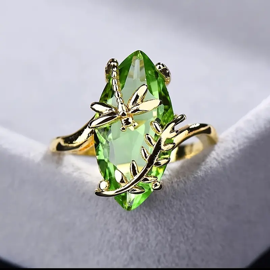 Olive Crystal Dragonfly Gold Ring