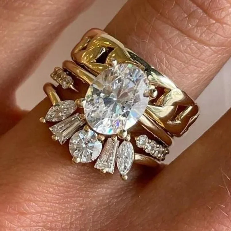 Forged Oval Glass Gold Ring Set