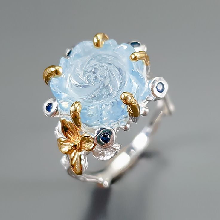Blue Crystal Blossom Silver Ring