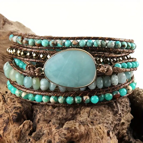 Blue Moonstone Leather Bracelet Set