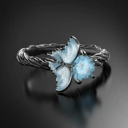 Crystal Blue Blossom Silver Ring