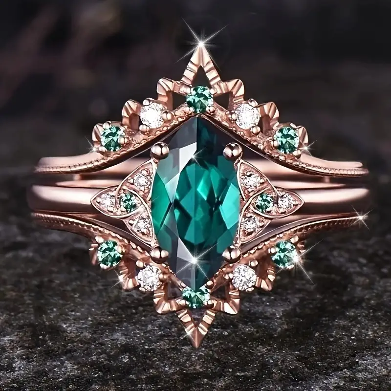 Elegant Green Crystal Layered Rose Ring