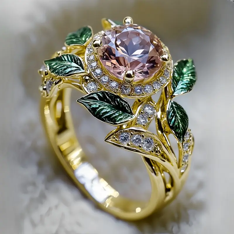 Green & Pink Leaf Zirconia Gold Ring