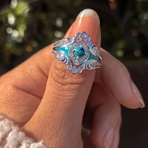 Blue Enamel Silver Bright Ring
