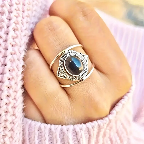 Black Stone Silvered Orbit Ring