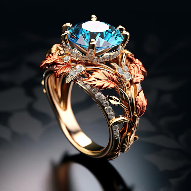 Exotic Golden Leaf Blue Zirconia Ring