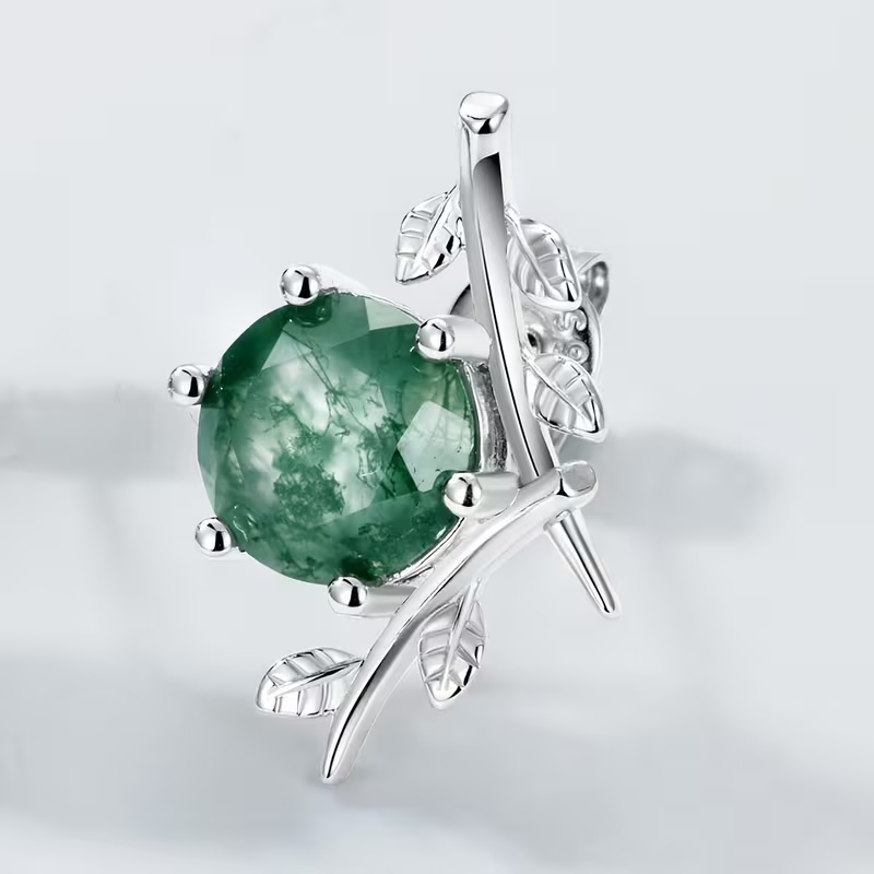 Moss Agate Silver Leaf Stud Earrings