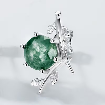 Moss Agate Silver Leaf Stud Earrings