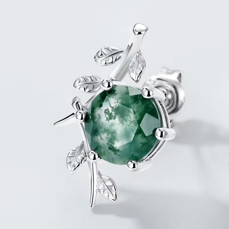Moss Agate Silver Leaf Stud Earrings