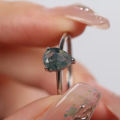 Moss Agate Stone Drop Silver Ring