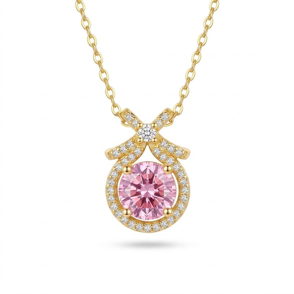 Luxury Oval Pink Stone Necklace | Gold