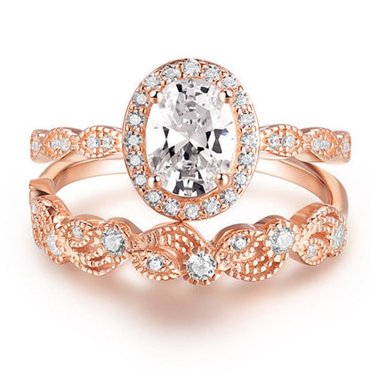 Luxury Oval Halo Stone Ring Set | Rose Gold