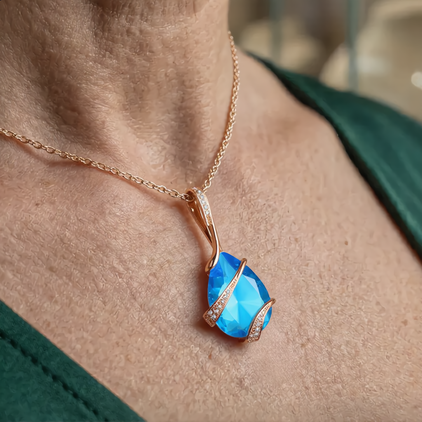 Blue Teardrop Gem Necklace | Gold