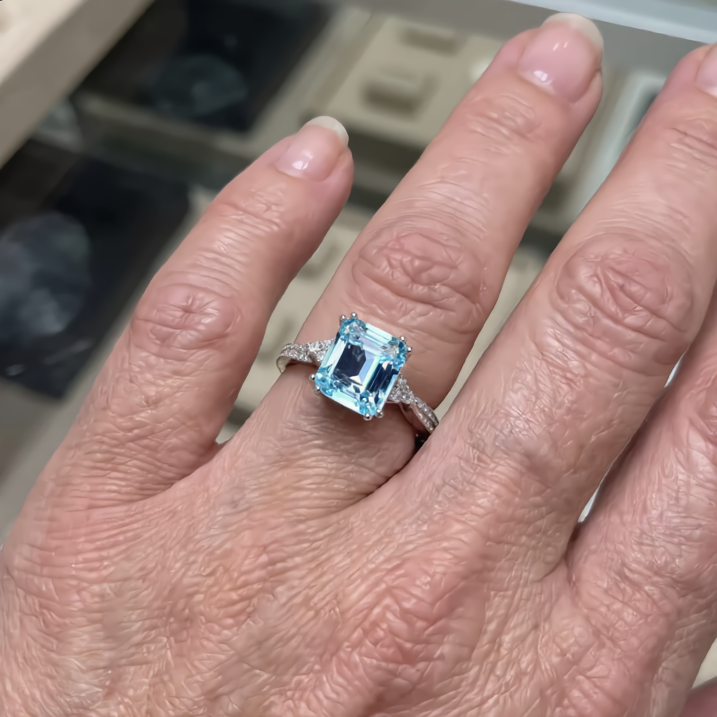 Square Cut Blue Gem Ring | Silver