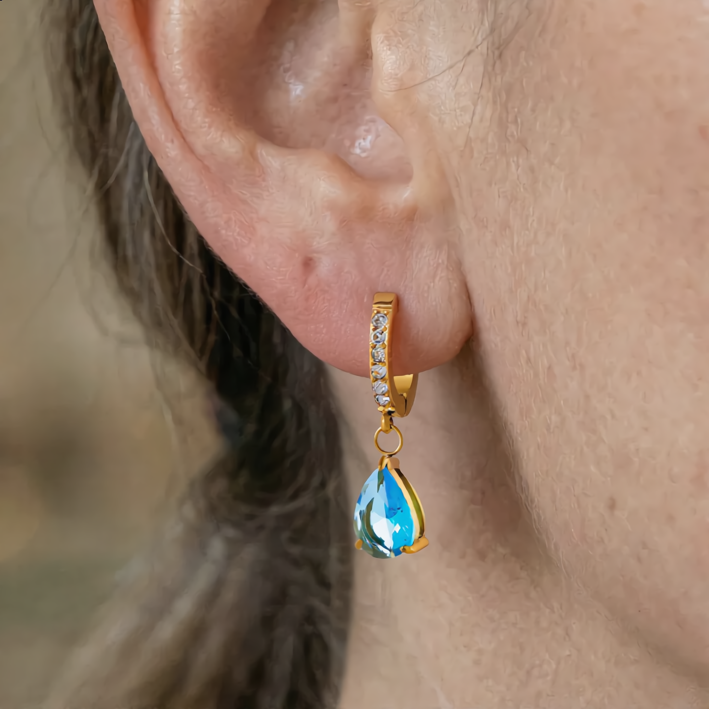 Aquamarine Teardrop Hoop Earrings | Gold