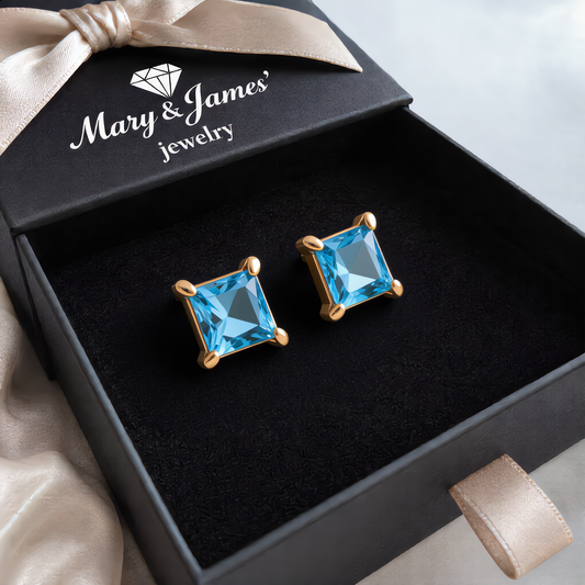 Square Aquamarine Stud Earring | Gold