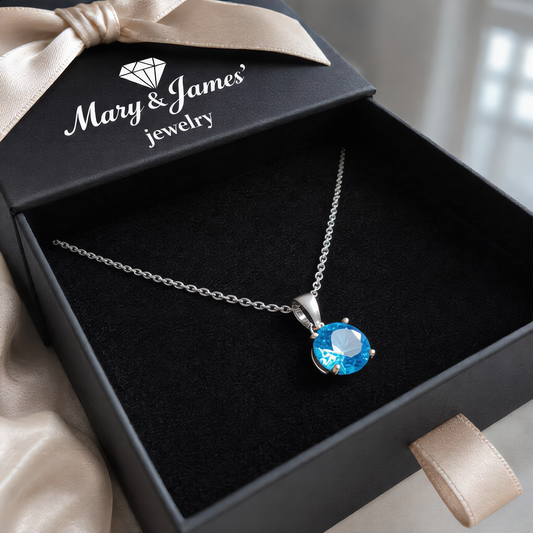 Round Blue Gem Pendant Necklace | Silver