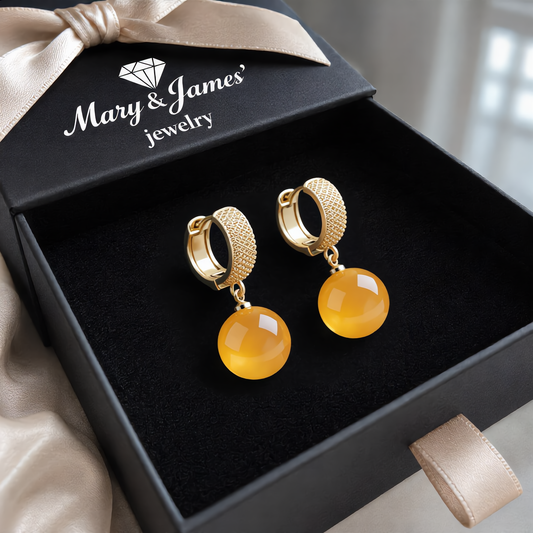 Amber Bead Hoop Earrings | Gold