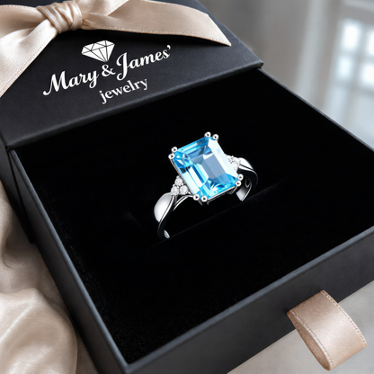 Square Cut Blue Gem Ring | Silver