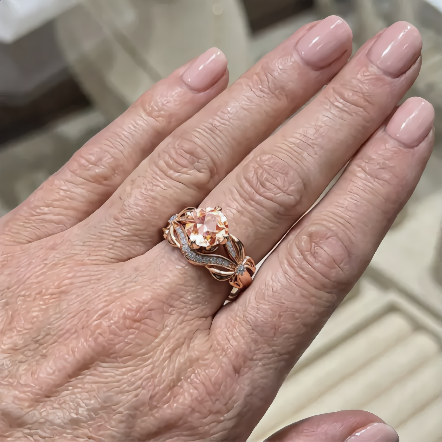Champagne Crystal Flower Ring | Rose Gold