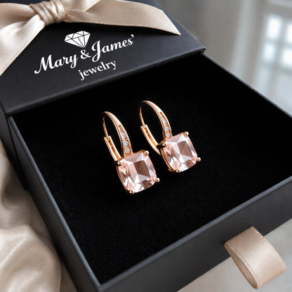 Morganite Crystal Square Earrings | Rose Gold