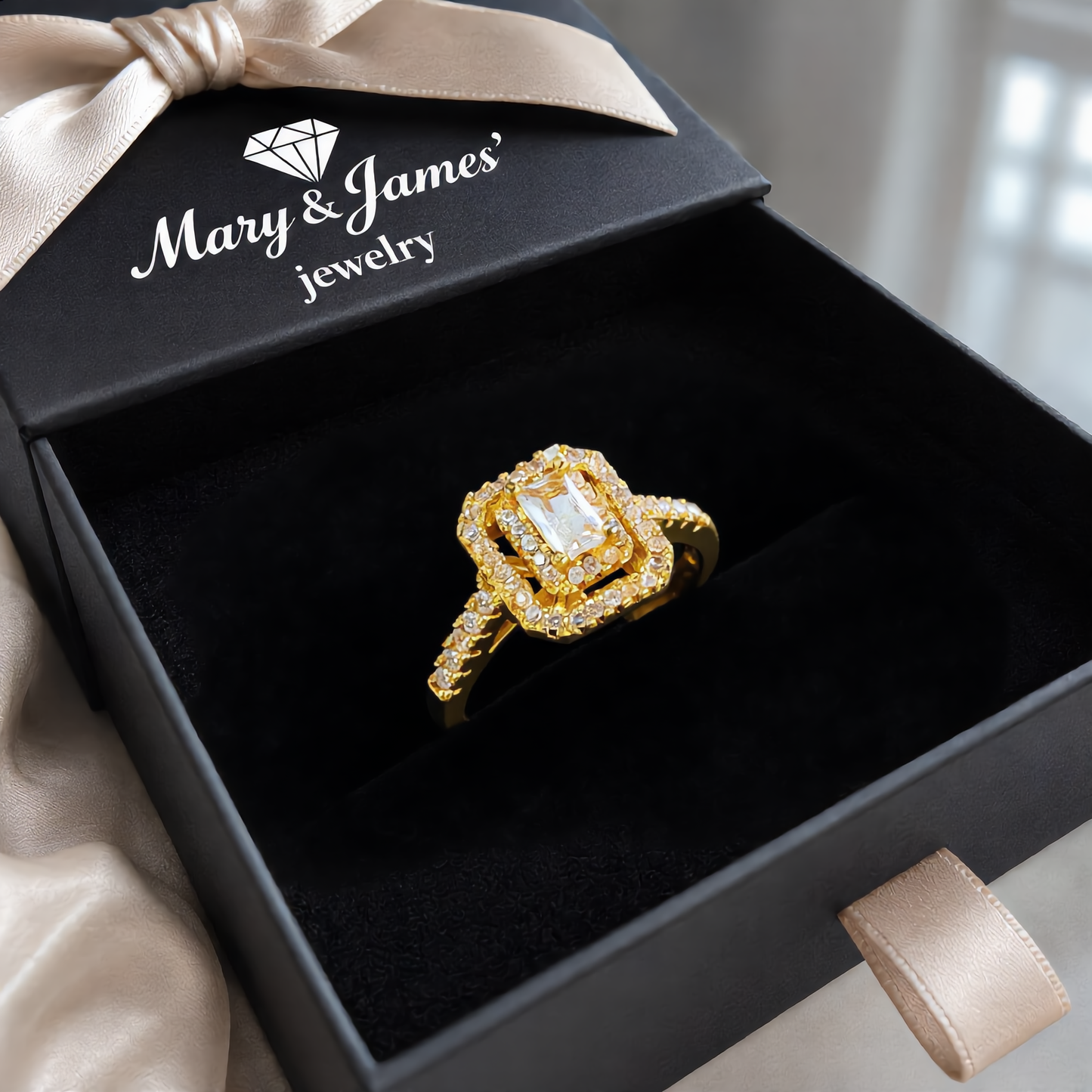 Luxury Rectangular Halo Stone Ring | Gold