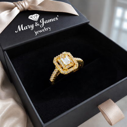Luxury Rectangular Halo Stone Ring | Gold