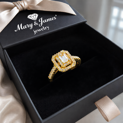 Luxury Rectangular Halo Stone Ring | Gold