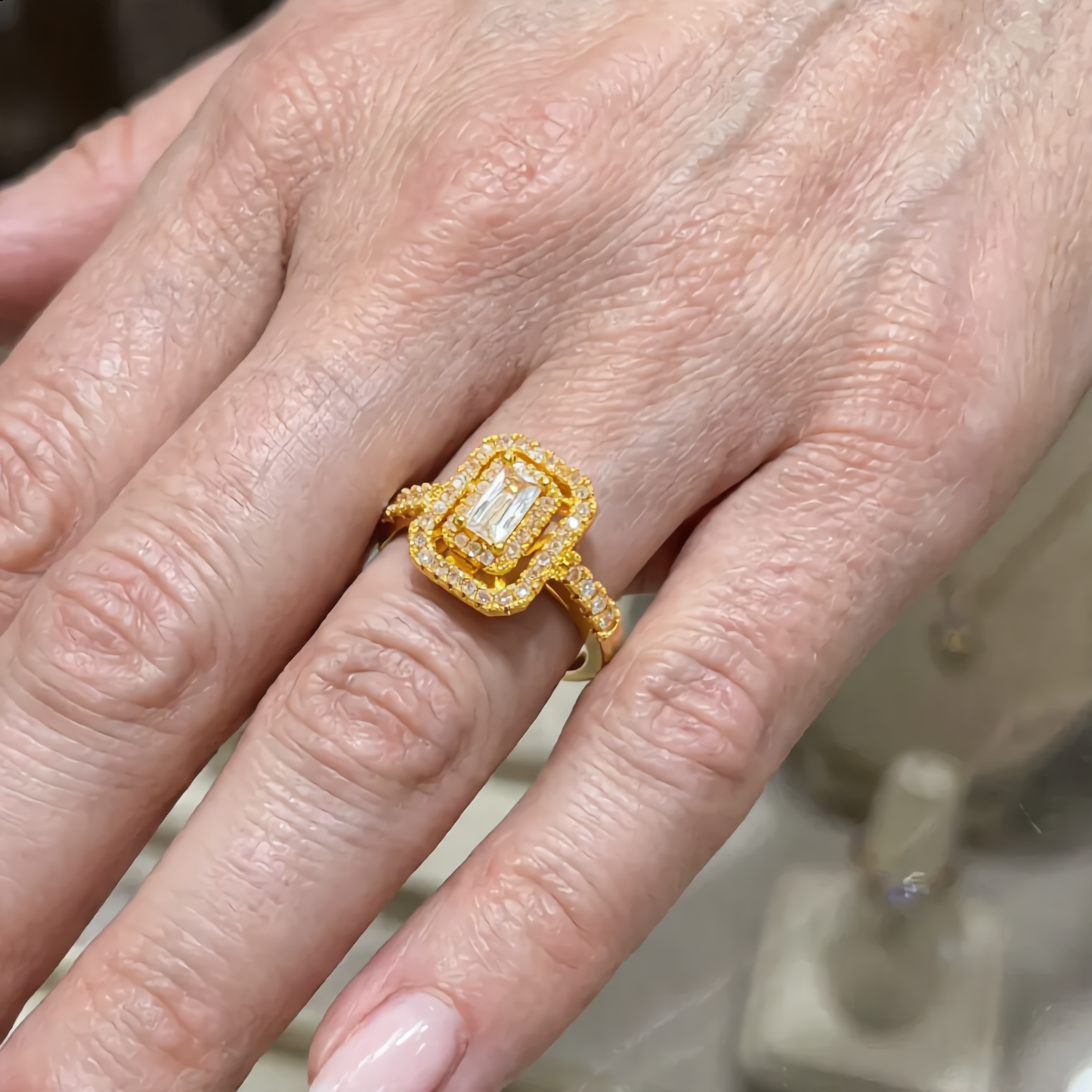 Luxury Rectangular Halo Stone Ring | Gold
