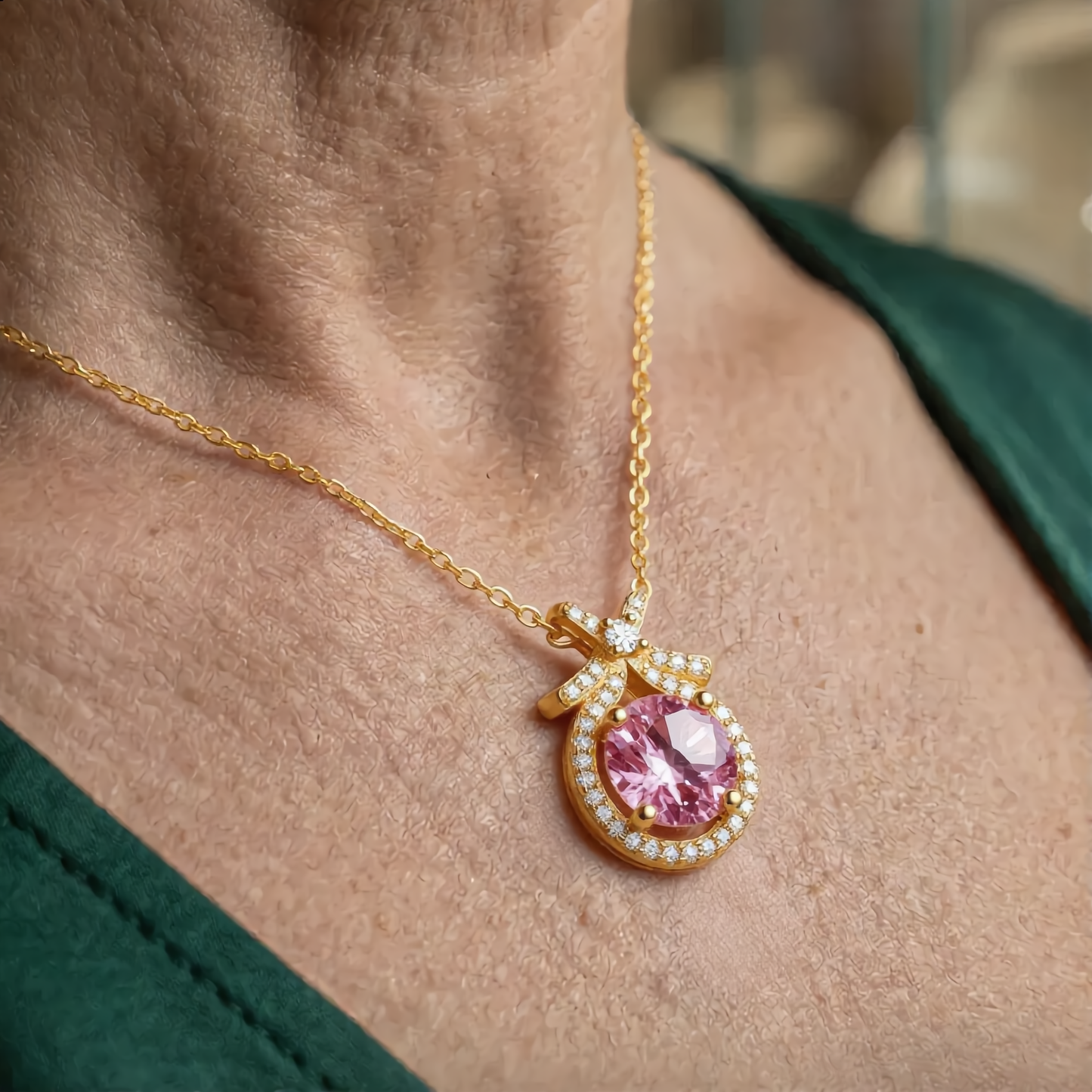 Luxury Oval Pink Stone Necklace | Gold