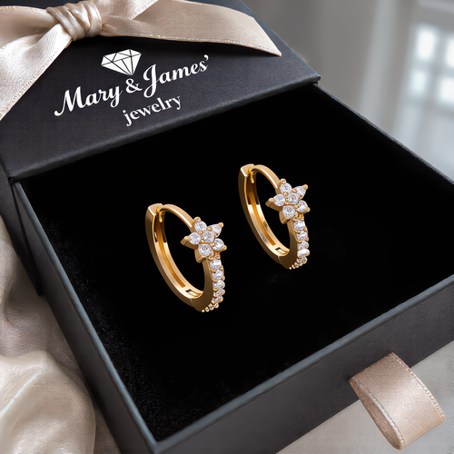 Floral Crystal Accent Hoop Earrings | Gold