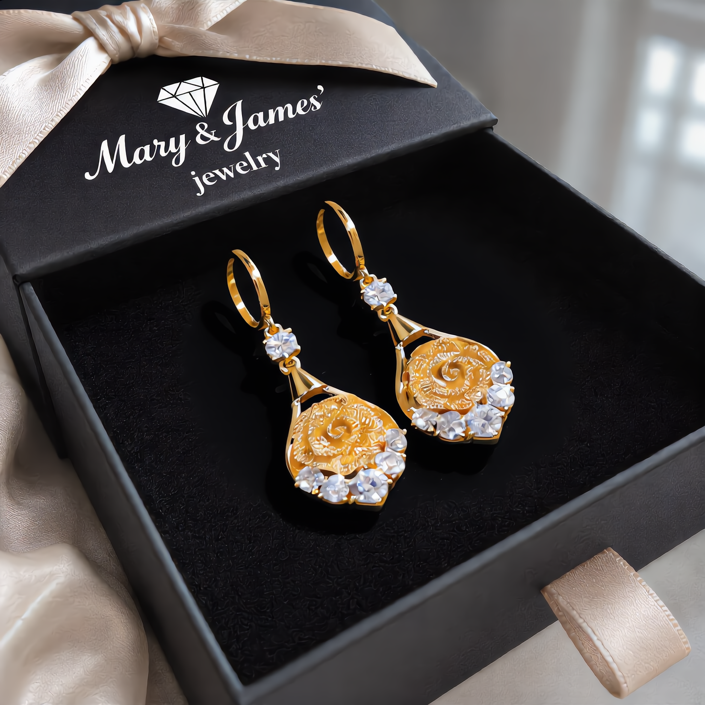 Elegant Crystal Rose Drop Earrings | Gold