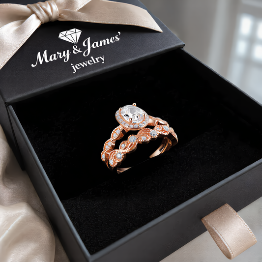 Luxury Oval Halo Stone Ring Set | Rose Gold
