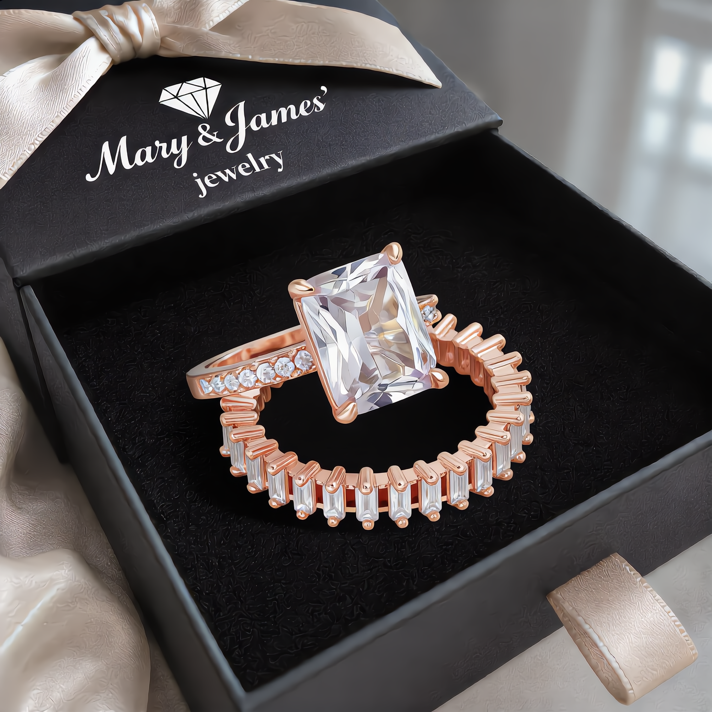 Princess Cut Stone and Crystal Band Ring Set | Rose Gold