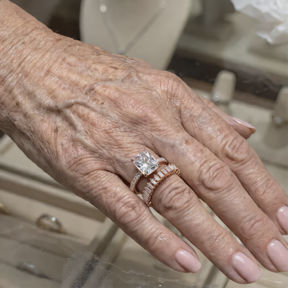 Princess Cut Stone and Crystal Band Ring Set | Rose Gold