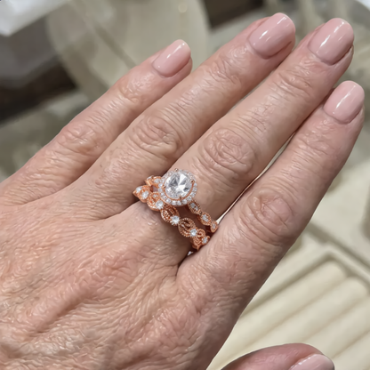 Luxury Oval Halo Stone Ring Set | Rose Gold