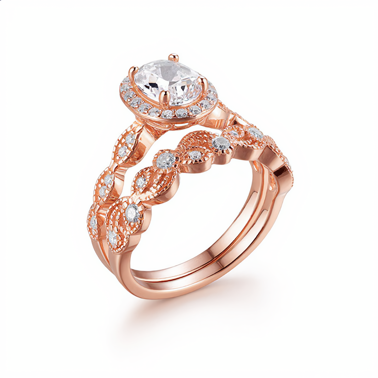 Luxury Oval Halo Stone Ring Set | Rose Gold