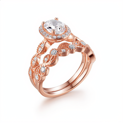 Luxury Oval Halo Stone Ring Set | Rose Gold