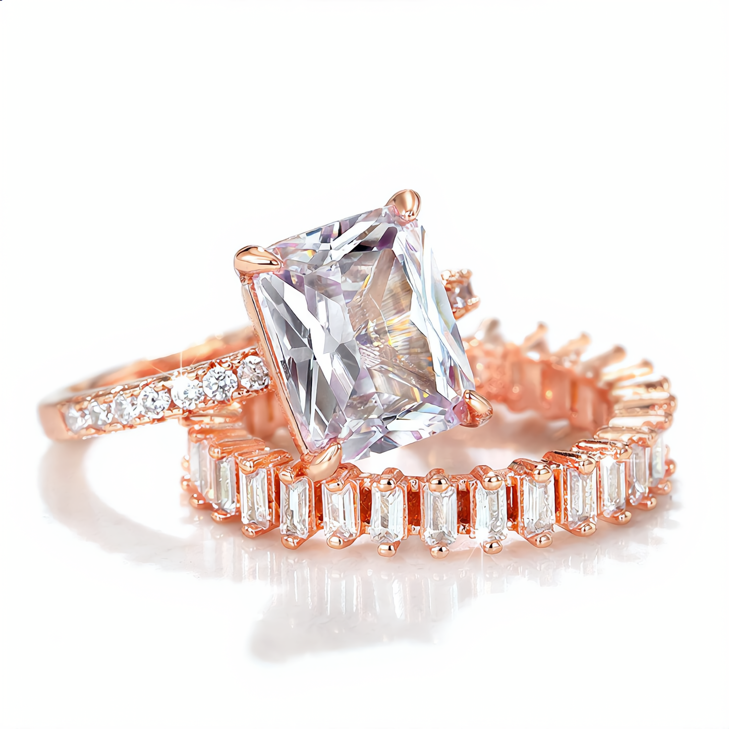 Princess Cut Stone and Crystal Band Ring Set | Rose Gold