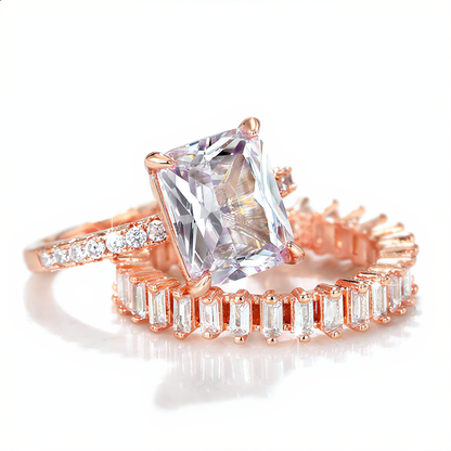 Princess Cut Stone and Crystal Band Ring Set | Rose Gold