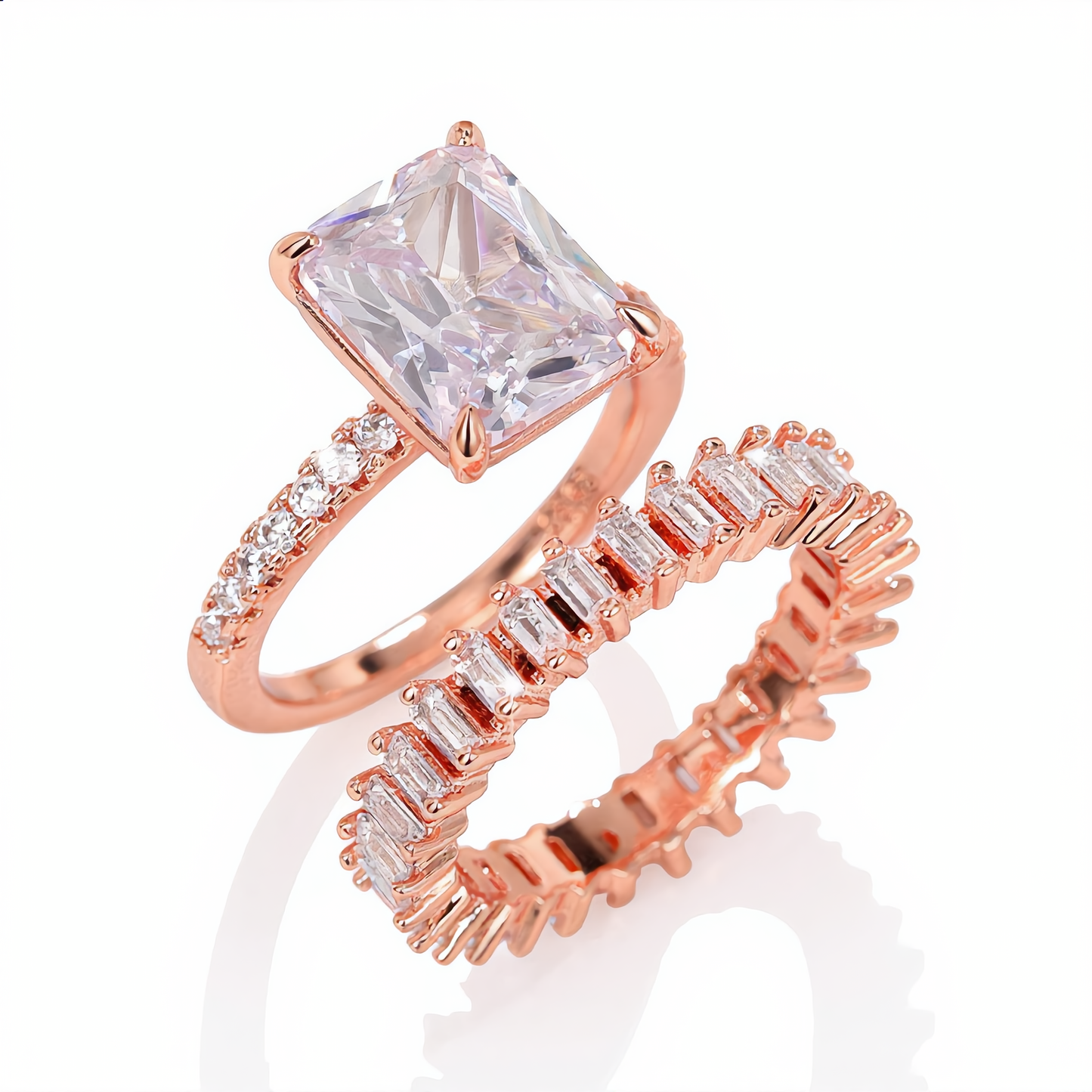 Princess Cut Stone and Crystal Band Ring Set | Rose Gold